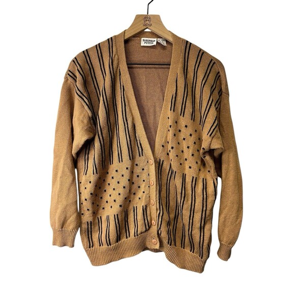 Vintage Suburban Petite Tan Stripe Polka Dot Pattern Cardigan Women’s 90s Size M - Picture 2 of 13